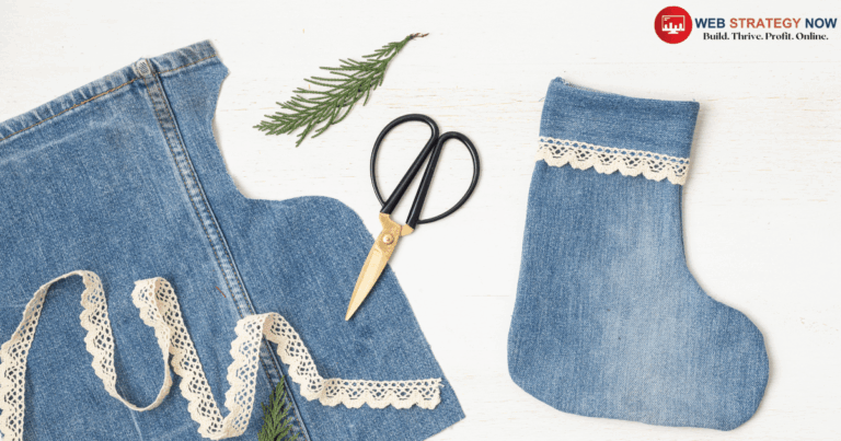 "A visual representation of a content reuse strategy, featuring a DIY denim Christmas stocking crafted from repurposed jeans, lace trim, and sewing tools. The image highlights the concept of reusing existing materials—much like reusing content—to create something valuable and visually appealing. This handmade project reflects the creativity and efficiency behind a strong content reuse strategy for makers and home-based business owners."